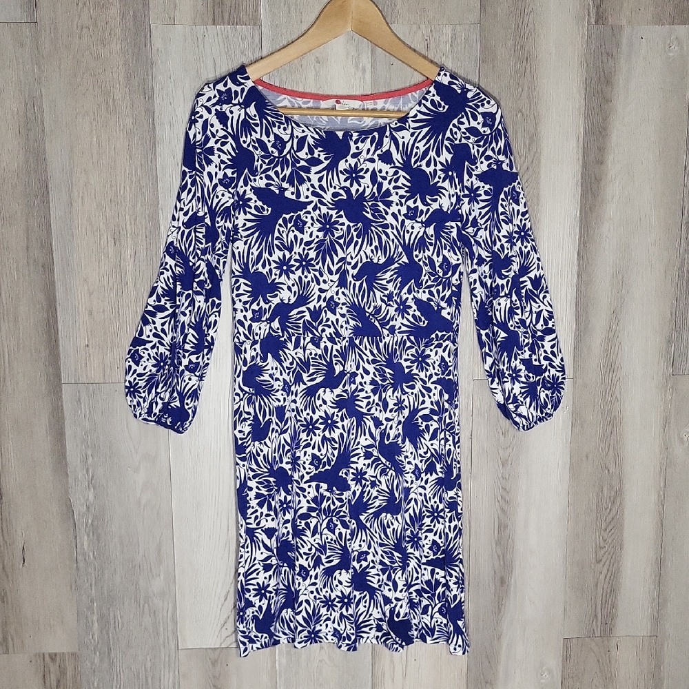 Boden Womens 6R Lucie Jersey Dress Lapis Birds‎ 3/4 Sleeve Elastic Waist